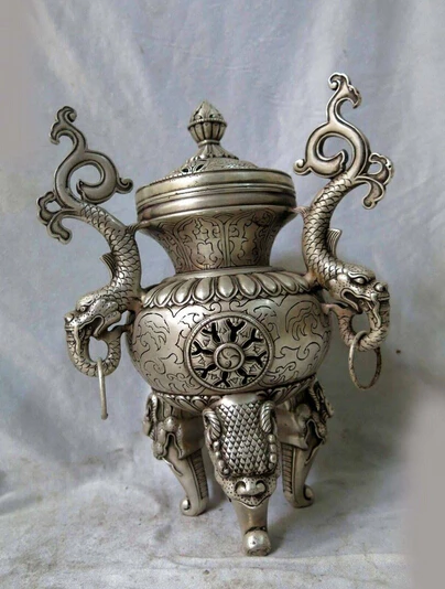 

B0601 51813" China Silver carved dragon three elephant foot censer Incense Burner statue
