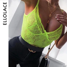 Ellolace Neon verano 21 colores de encaje Bodysuit mujeres Floral bordado pajarita transparente Sexy mono de fiesta