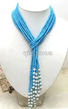 

Super Long 45" bright Blue 4mm stone with white pearl 3 Strands Amice Necklace-nec5670
