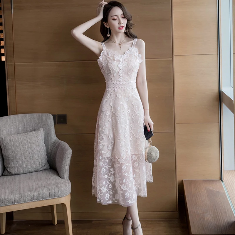 

Fashion women comfortable elegant lace perspective formal dress new arrival sexy vintage classical pink beach long a-line dress