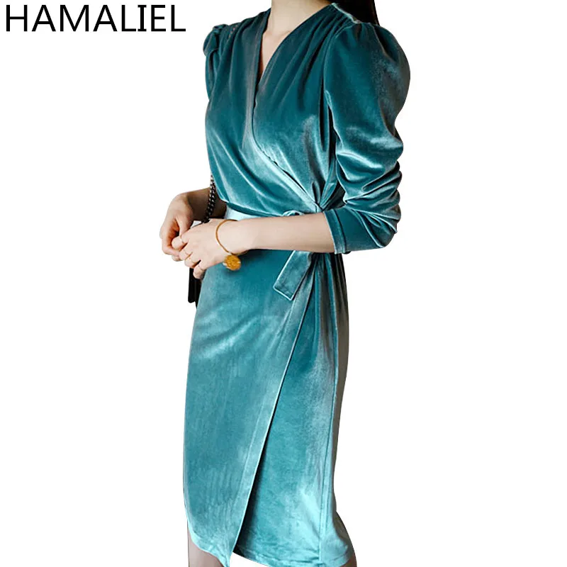 Женское офисное платье HAMALIEL зеленое Бархатное облегающее с длинным рукавом на