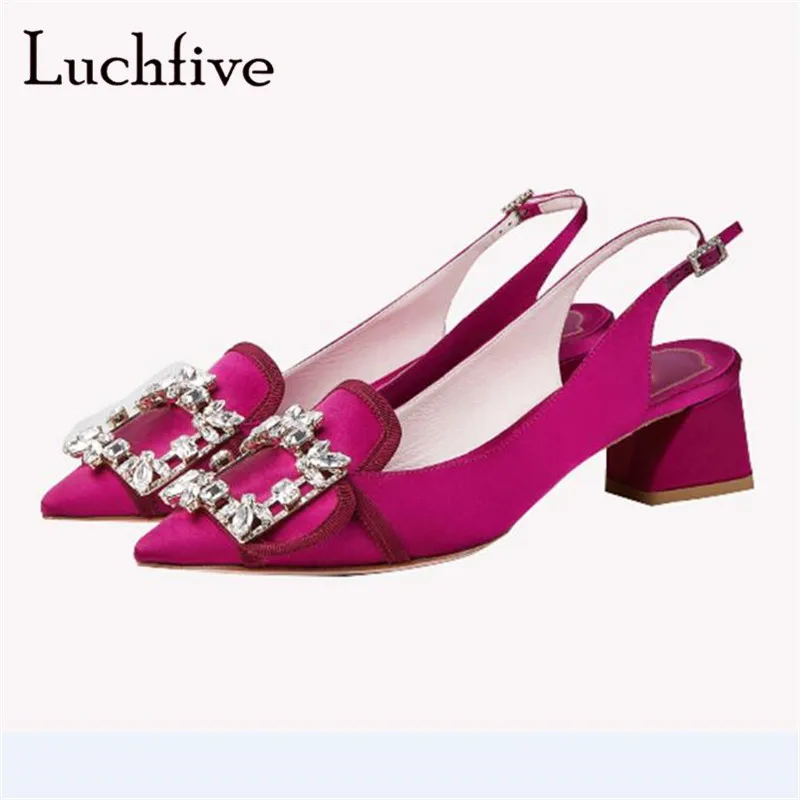 

Crystal Chunky Heels Silk Women Pumps Genuine Leather Slingbacks Party Shoes Pointy toe Ankle Buckle Strap Sandals Mujer