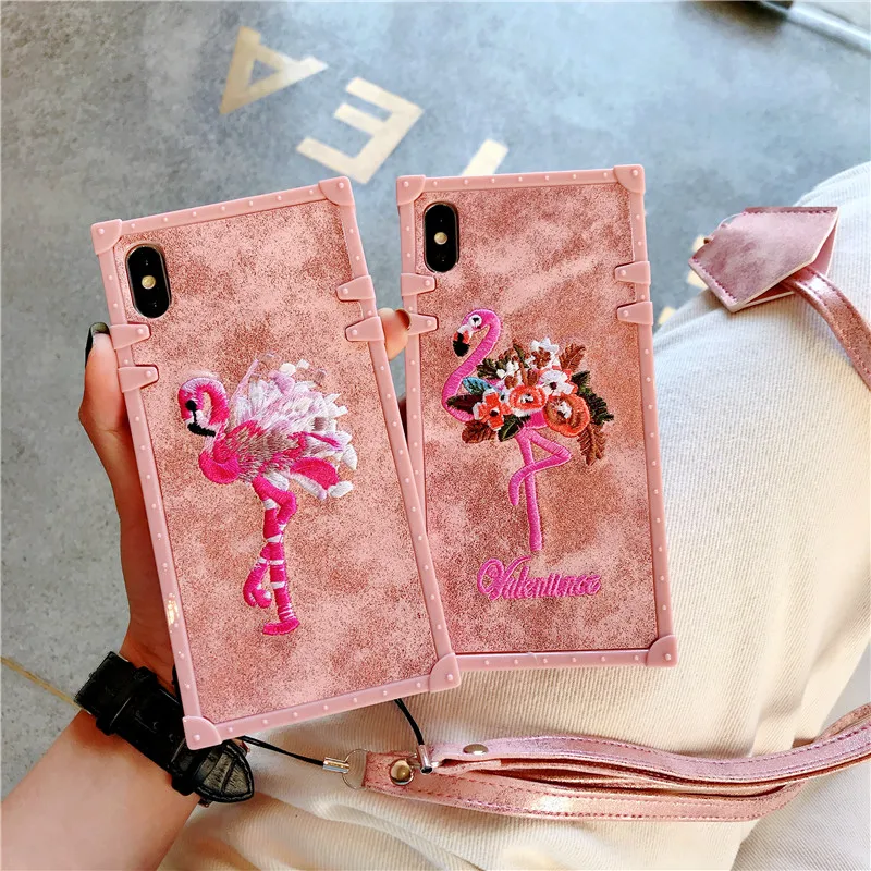 

Embroidered leather Flamingo case for iphone 6 6S 7 8plus X XR XS Max Pink leopard Square Back Cover