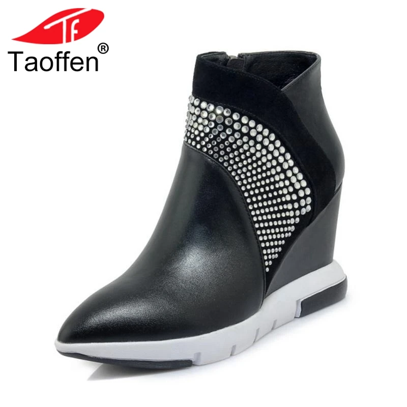

TAOFFEN Woman Short Boots Real Leather Zipper Bling Wedges Ankle Boots Woman Fashion Shoes Ladies Footwear Size 34-39