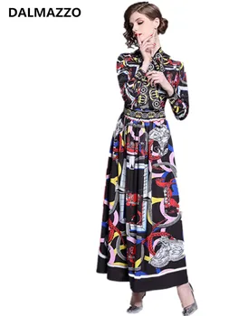

Vintage Womans Shirt Sleeve Swing Long Dresses 2019 New Spring Brand Design Women Bow Collar Printed big Sizes Dresses Vestidos