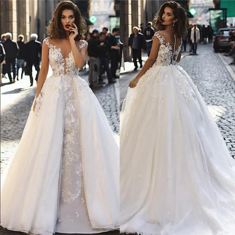 Vestido de noiva Дубай Свадебная Кружевная аппликация вечерние платья арабский кутюр знаменитости свадебное платье с Съемный шлейф
