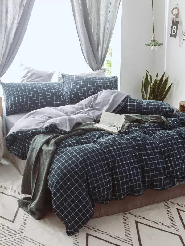 

Navy blue checks autumn winter home men's 4pcs sheet comforter cover bedding set