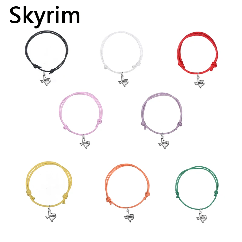 

Skyrim 10pcs/lot With Texas Map Charm Adjustable Wax Cord Bracelets Eight Colors Choice 400mm~450mm Jewelry Making Wholesaler