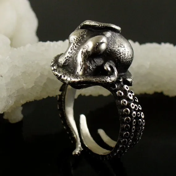 Розничные персонализированные регулируемые глубоководные Осьминог древнее серебряное покрытие кольцо черные мужские кольца