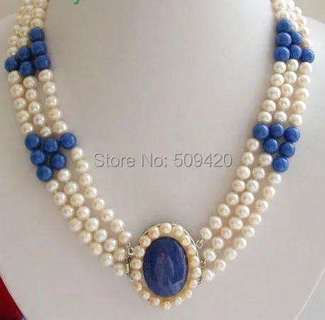 

W&O655 >>17-19"stunning 3rows 8mm round white freshwater pearls blue lapis lazuli necklace