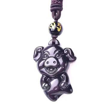 

Open the light Obsidian Rainbow Eyes Natural Stone Necklace Happy Pig Pendants Sweater Chain Zodiac Necklace Fashion Jewelry