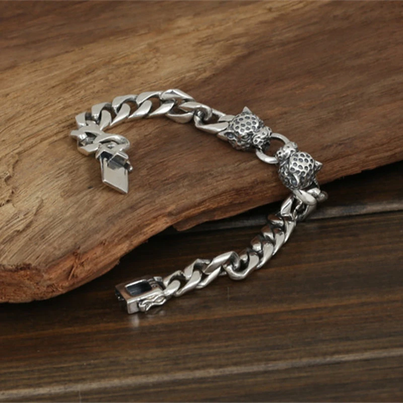 Men/'s Solid 925 Sterling Silver Bracelet Link Leopard Head Chain Jewelry