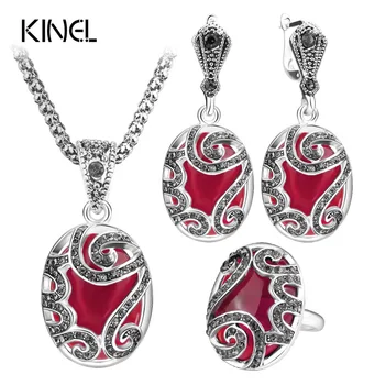 

Kinel Unique 3pcs Vintage Jewelry Sets Fashion Red Female Earrings And Pendant Necklace Wedding Party Bridesmaid Gift