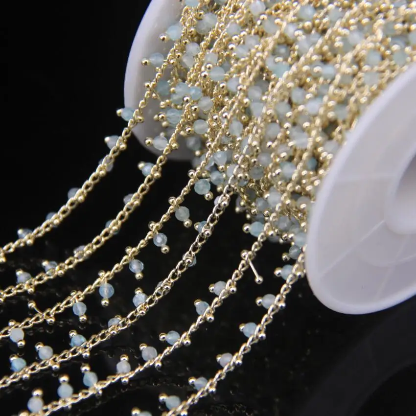 5Meter 2mm Faceted Aquamarine Rosary Chain Small Size Round Beads Gold Color Brass Wire Wrapped Necklace Sweater Chains | Украшения и