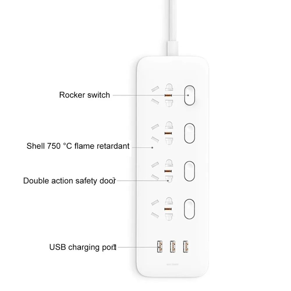 Xiaomi Mijia power Strip 4 розетки 4 отдельные переключатели управления 5 В/2.1A 3 USB порта удлинитель зарядное устройство 2 м кабель