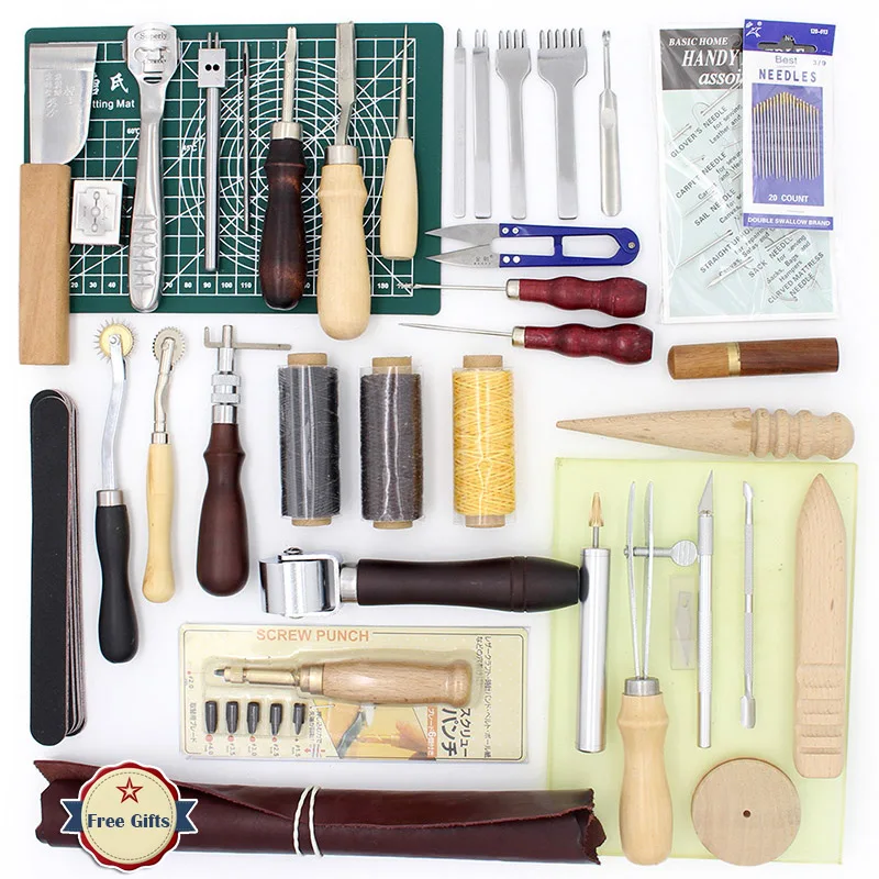 

37 Pcs Leather Sewing DIY Craft Hand Stitching Tool Set with Awl Thinning Waxed Thread Thimble Kit Punching Processing