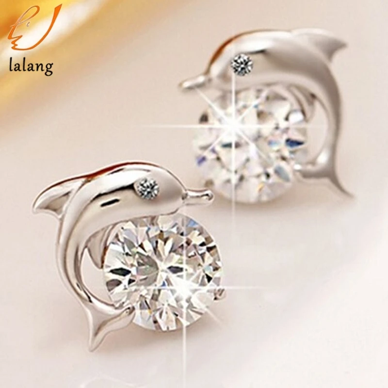 

Cute Romantic Dolphin Love Stud Earrings For Women High Quality Jewelry Silver Plated Round Cut Zircon Brinco Bijoux