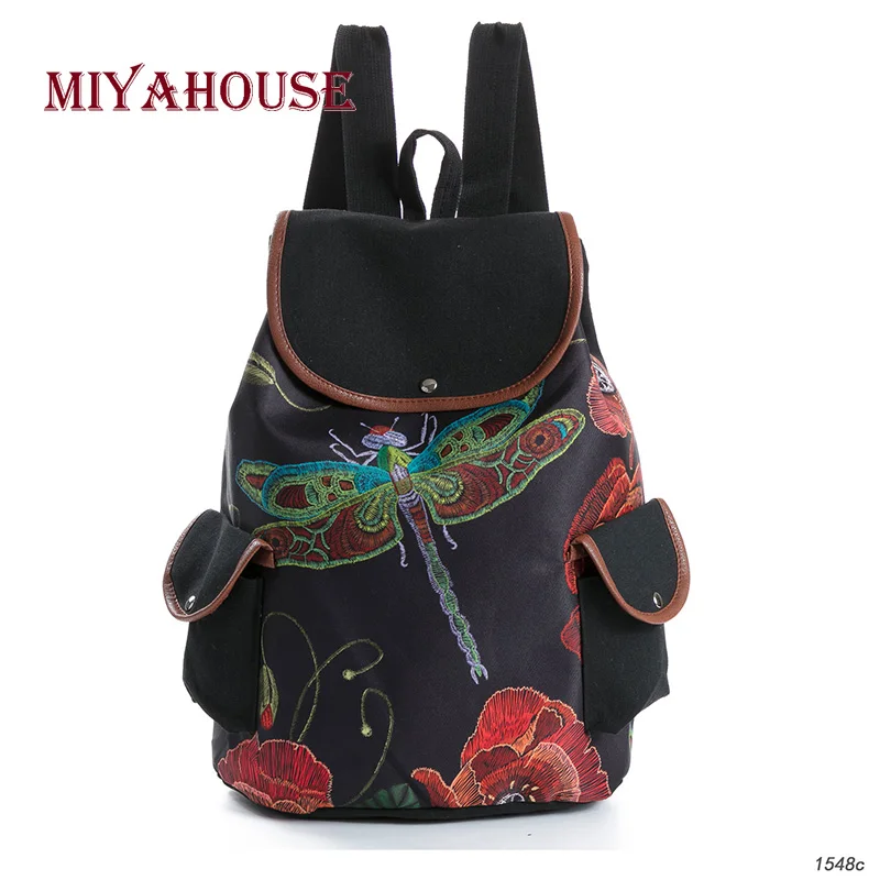 Miyahouse-libélulas de moda para mujer, lienzo impreso, mochila de viaje con diseño de cordón, bolso escolar de hombro negro
