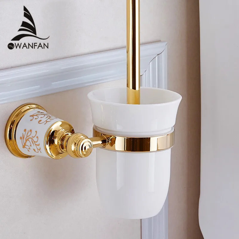 Toilet Brush Holders Gold Brass Toilet Bowl Brush Set Ceramics Cup Wall