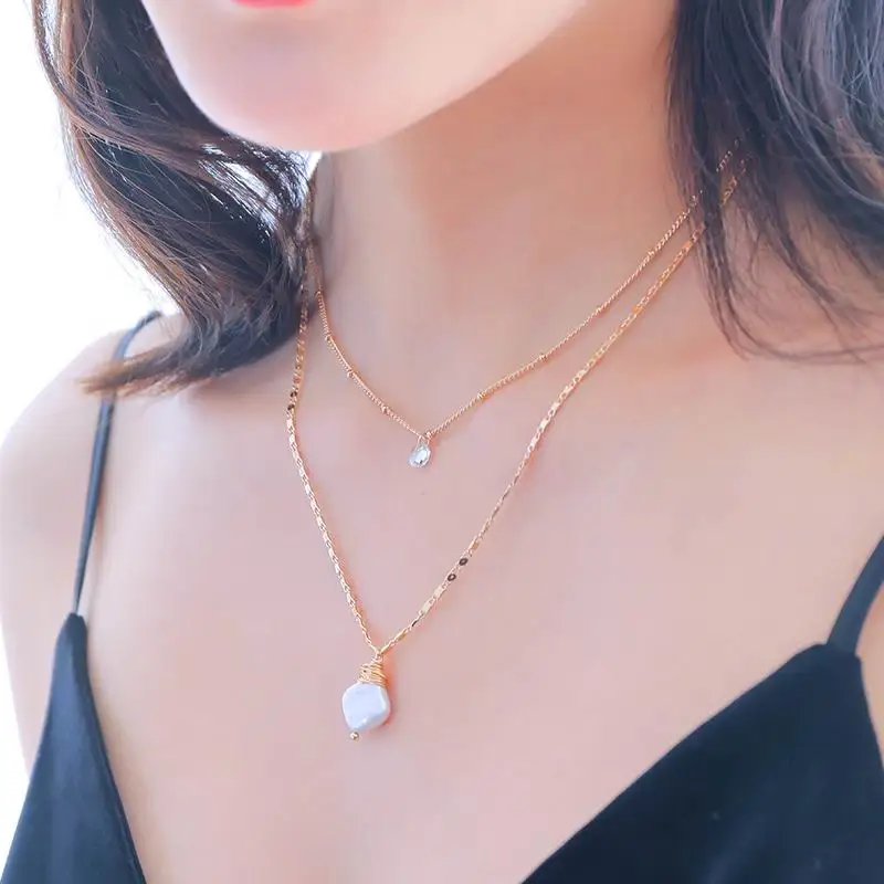 

Double Layers Irregular Pearl Choker Necklace For Women Personality Simple Long Necklace Gold-Color