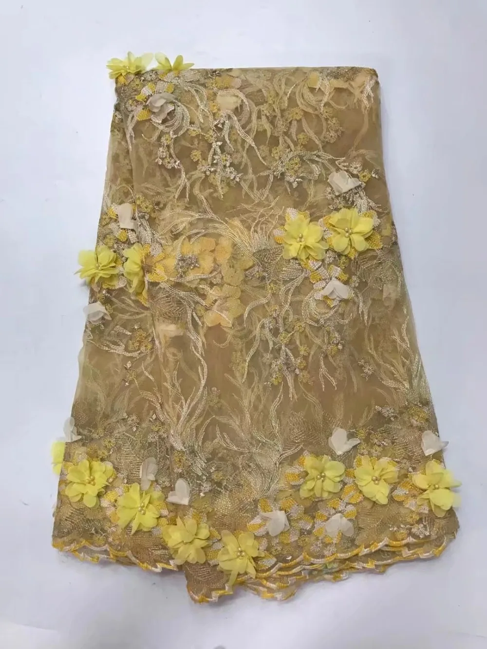 Fashion high quality champagne Beaded 3D applique French lace fabric, 5 yards / lot !jy 4 15