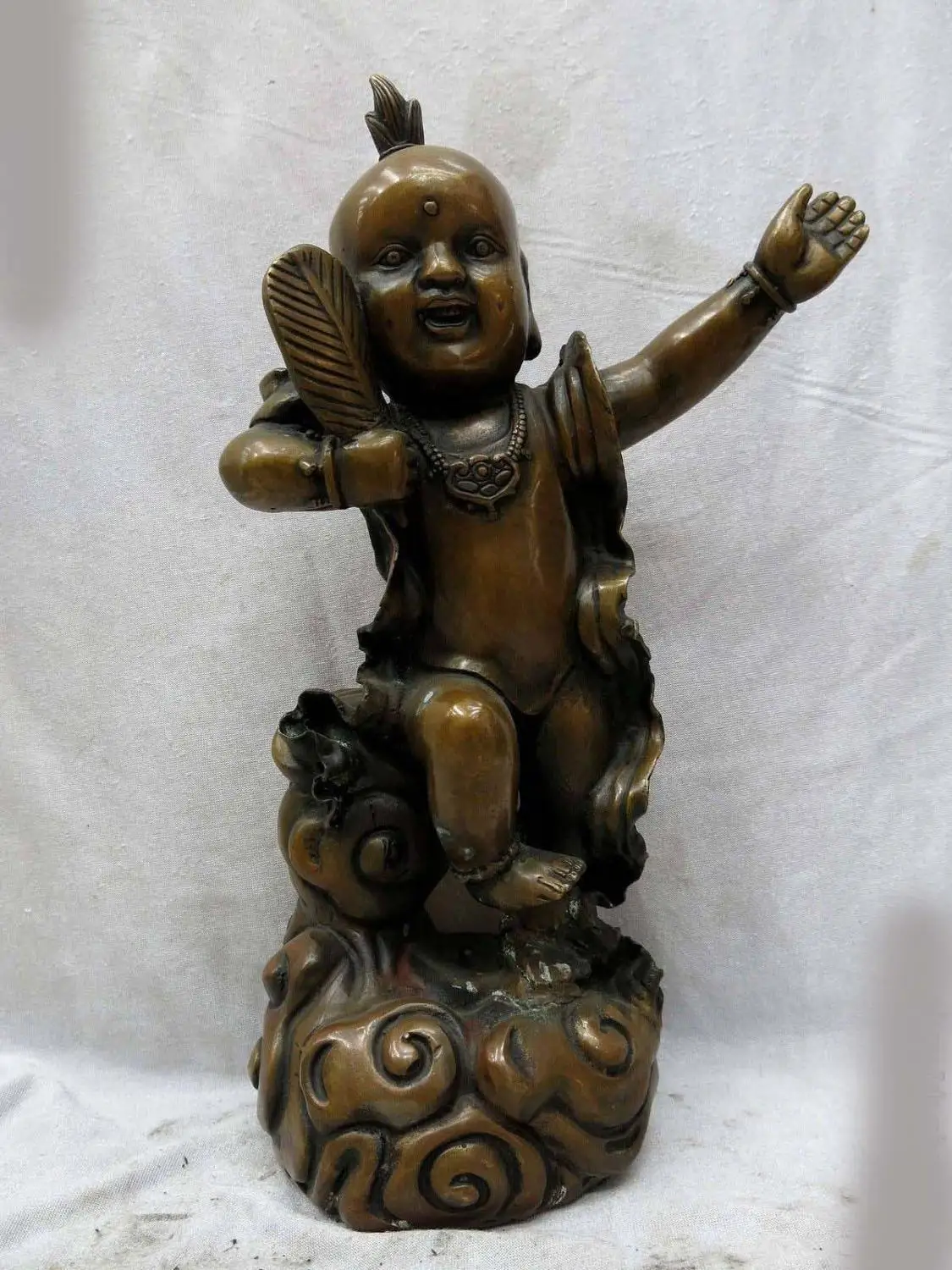 

13" China copper brass fine workmanship palm-leaf fan red boy Sculpture Statue