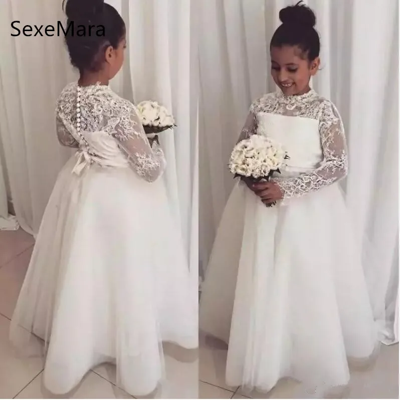

White Ivory Lace Flower Girl Dresses For Wedding Long Sleeves Girl Pageant Gown Floor Length Girls Dresses