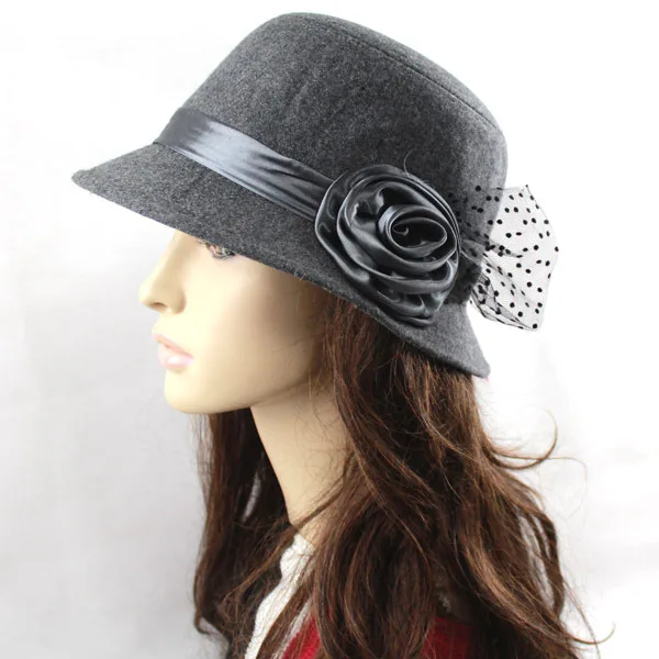 Новая мода розы Купол шляпа бутик моды розы дамы Купол шляпа с марлей шерсть фетровая шляпа