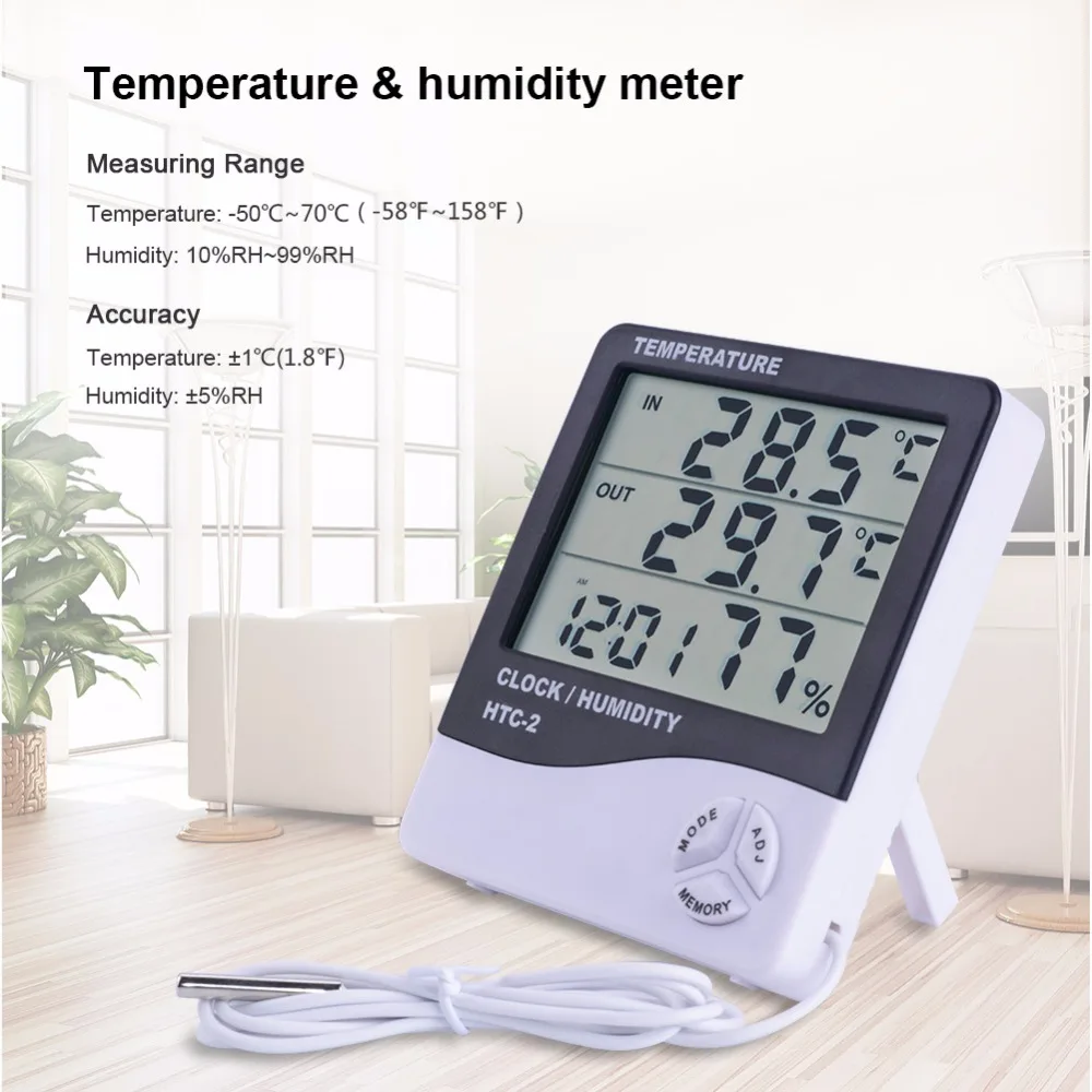 

2018 New HTC-2 Thermometer Hygrometer Weather Station Wired Temperature Humidity Tester Indoor Outdoor Probe Clock Alarm Tool