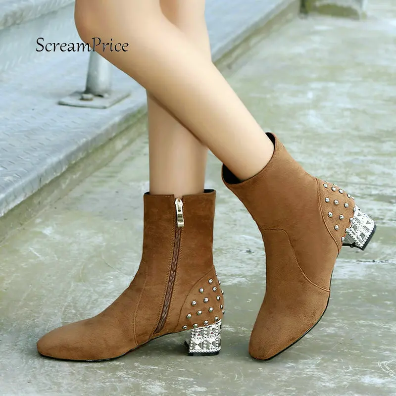 

Women Faux Suede Comfortable Square Heel Side Zipper Ankle Boots Fashion Rivet Winter Shoes Black Brown Red