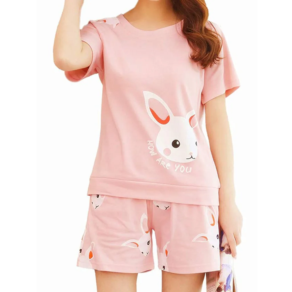 

JAYCOSIN 2019 Hot Sale Summer Women Suit Korean Cute Fawn Printed Short Sleeve Tops Shorts Pants Pink Sleepwear Home Set 904292