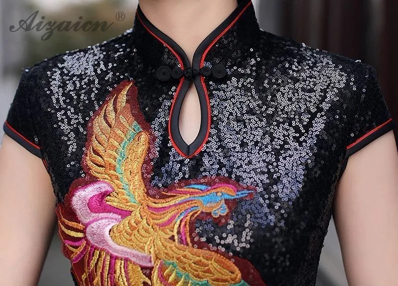 2019 черные блестки Феникс Ципао Длинные платья Chinoise воротник Qi Pao женское китайское традиционное платье Qipao винтажное платье