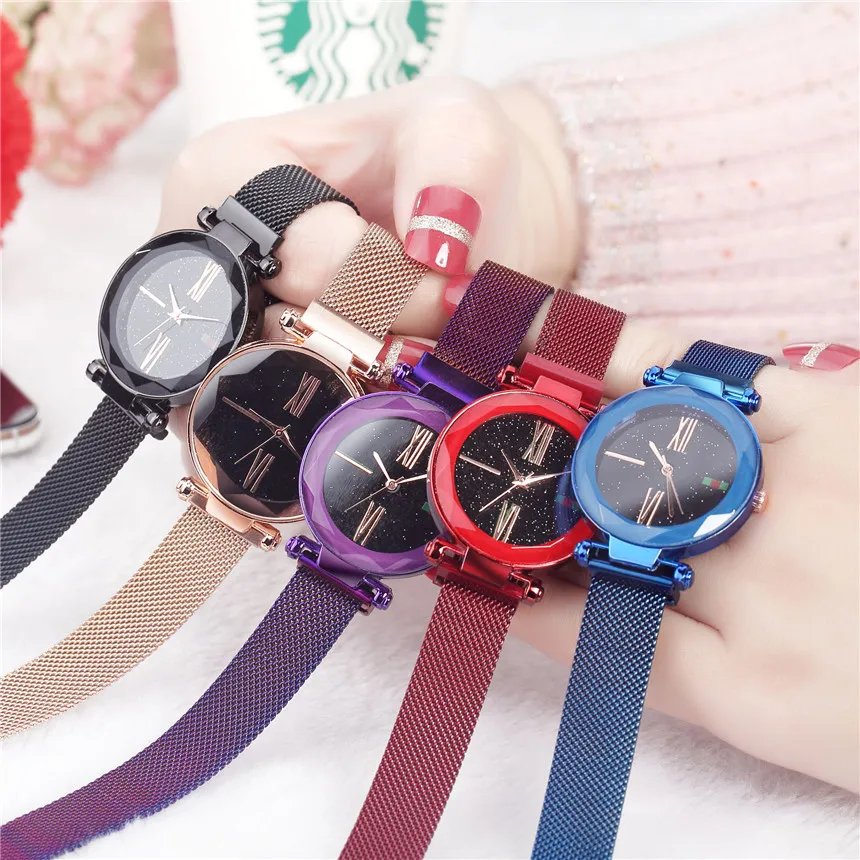 Женские повседневные часы, роскошные Фиолетовые женские часы, модные минималистичные магнитные часы звездного неба, водонепроницаемые наручные часы D30