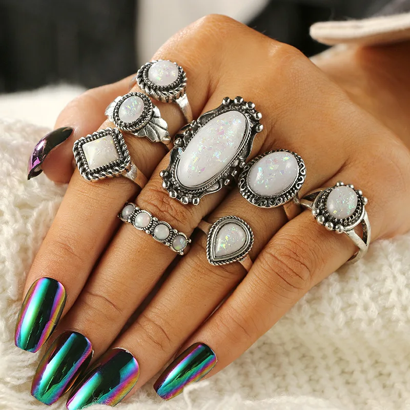 

Vintage fashion Ethnic style accessories antique silver alloy crystal stone 8 pieces set of finger rings for women party Jewelry