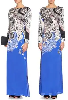

European new Bohemia extended elastic thin blue print beautiful dress