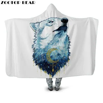 

Wolf Hooded Blanket White Decoration Wearable Animal Throw Blankets Woman Popular Fashion 3D print Soft Portable Adult Bedding