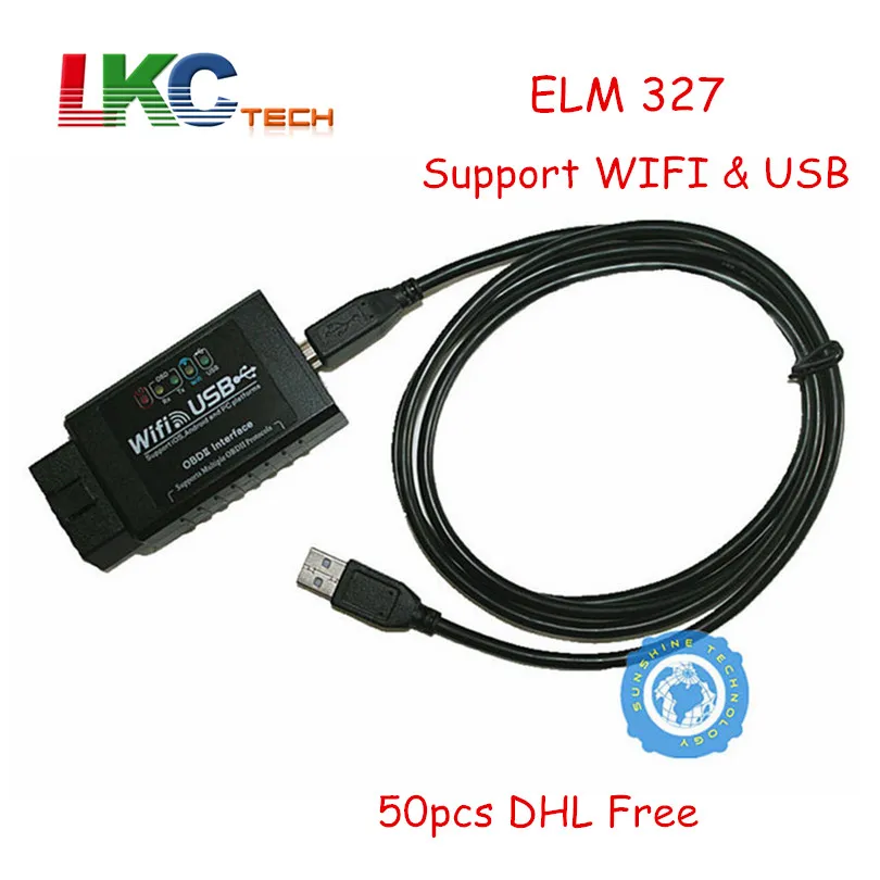 

50pcs/lot ELM327 WIFI USB Supports iOS/Android/Windows ELM 327 Wireless + Cable OBD2 Code Reader Works Multi-Cars DHL Free