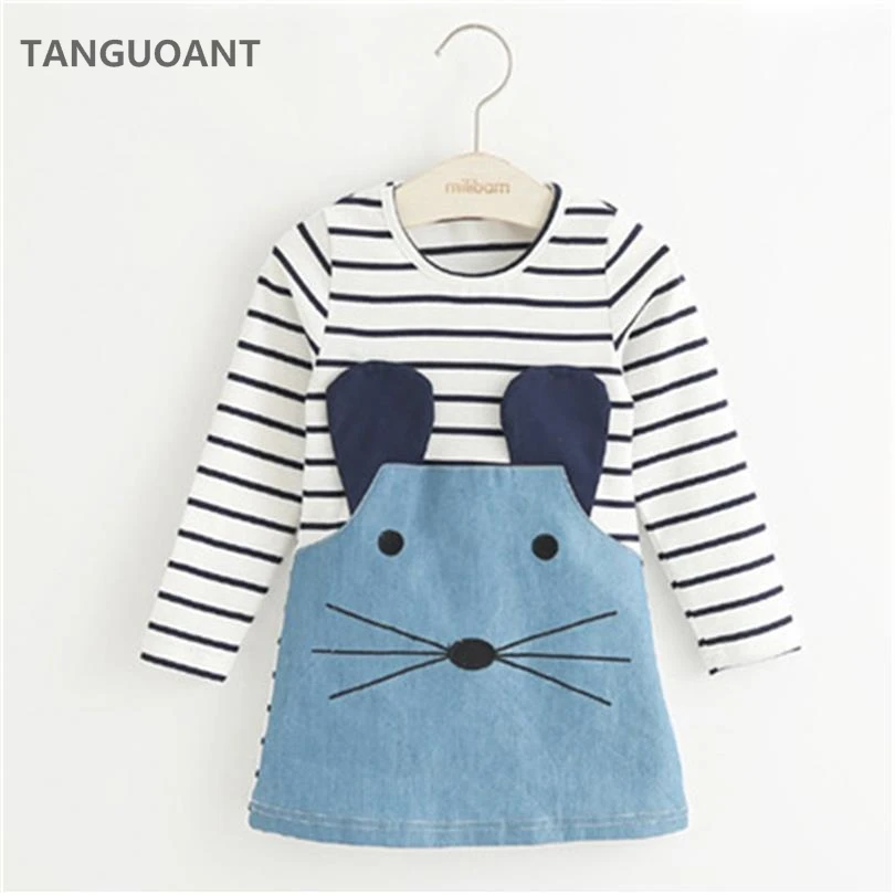 TANGUOANT Striped Patchwork Character Girl Dresses Long Sleeve Cute Mouse Children Clothing Kids Girls Dress Denim Kids Clothes
