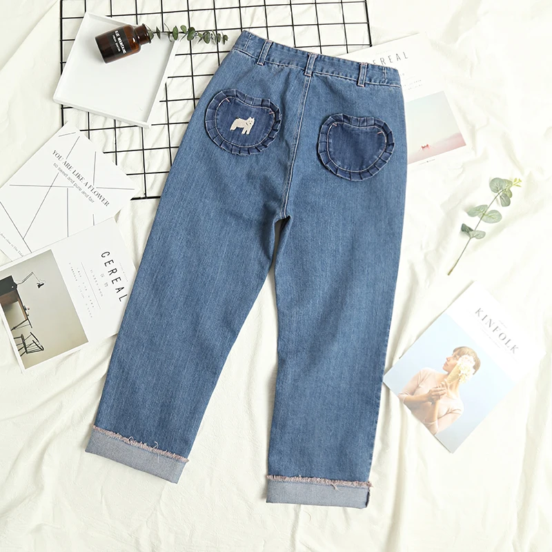 

New Autumn Jeans Women Vintage Ruffled Blue Pants Cotton Loose High Waist Trousers Cotton Harajuku Cartoon Embroidered Jeans