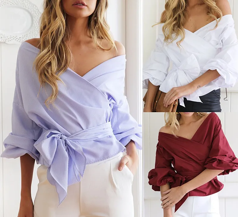 font b Women b font Fashion White Ruffles font b Blouse b font V Neck