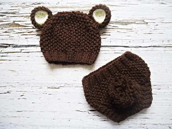 Us 8 84 32 Off Free Shipping Cute Baby Hat Baby Hat Knit Beanie Hat With Ears Brown Teddy Bear Hat Whit Diaper Cover Made To Order Nb 3m In