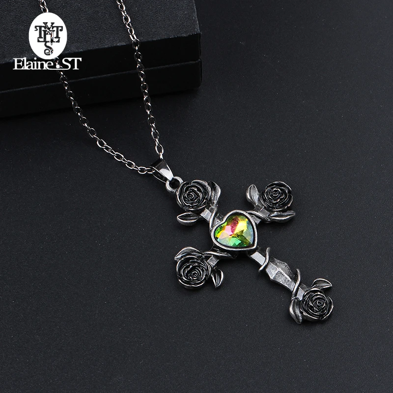 

2018 Vintage Rose Necklace Rose Flower Leaf Cross Pendant Necklaces for Women Jewelry Collares Heart Crystal Pendants