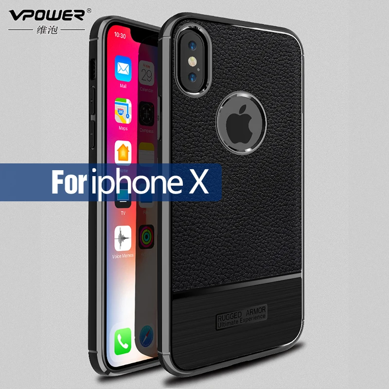 

For iPhone X Case for iPhone X Cover Vpower Litchi Grain+Carbon Fiber Silicone Soft TPU for iPhone 10 Phone Cases Black