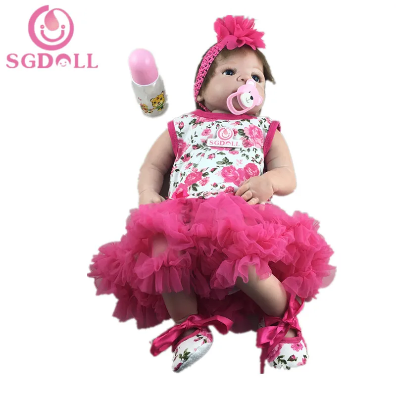 

[SGDOLL] 22" Rose Color Floral Dress Baby Girl Full Body Vinyl Soft Touch Blue Eye Reborn Dolls Kids Toys Christmas Gift16091904