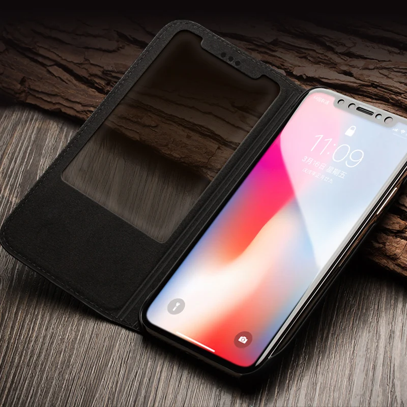 

QIALINO Case Fundas Para for iPhone X Business View Window Textured Genuine Leather Stand Case for iPhone X 10 5.8 inch