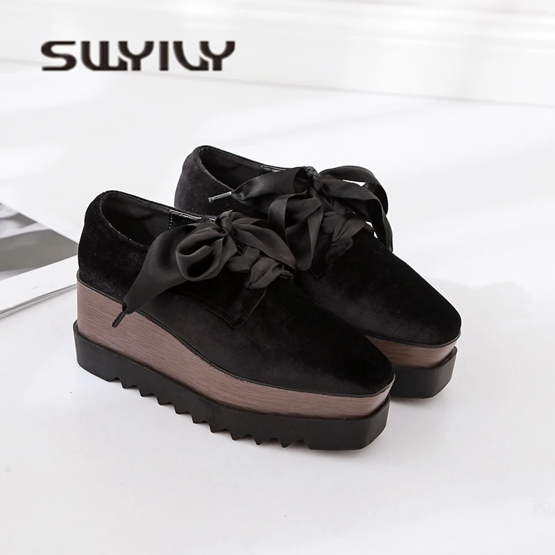 

SWYIVY Sneakers Woman Platform Gold Velvet 2018 Autumn Winter Fur Warm Casual Shoes Wedge Lady Bow Sqare Toe Sneakers Retro 34