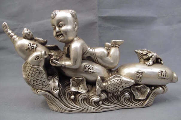 

150701 S2370 China White Copper Silver Fengshui Lucky Wealth lotus root Boy Toad Fish Statue discount 30% (C0324)