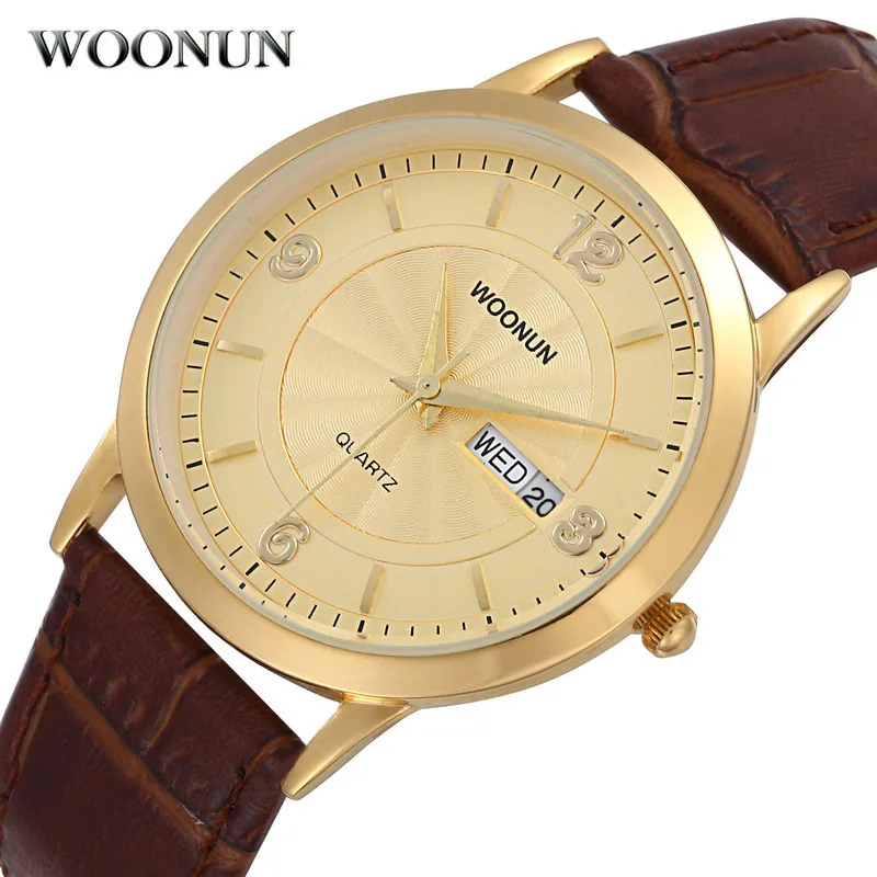 WOONUN, Топ бренд, роскошные золотые часы для мужчин, мужские часы, водонепроницаемые, противоударные, с календарем, кварцевые часы, ультра тонкие часы для мужчин