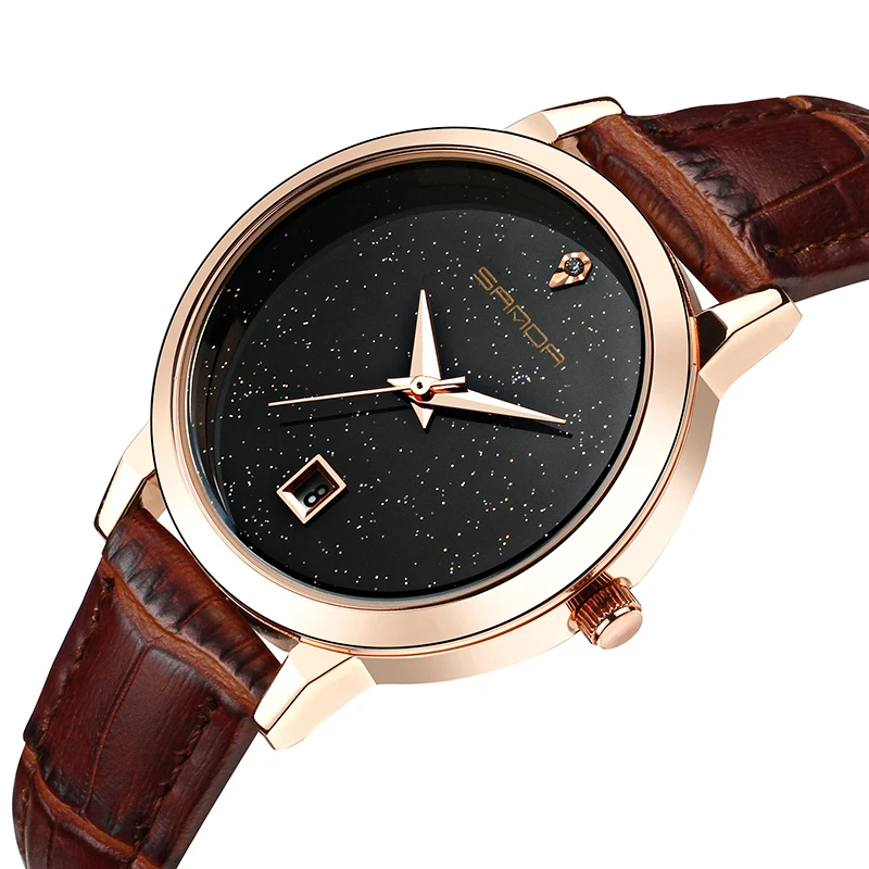 2018 SANDA Fashion Star Dial Women Watches Luxury Golden Leather Ladies Watch Women Dress Clock Calendar relogio feminino P194