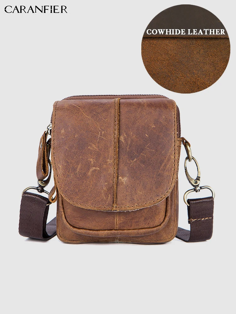 

CARANFIER Mens Travel Bags Genuine Cowhide Leather Waist Pockets Vintage Male Cell Phone Bags Small Shoulder Messenger Bags